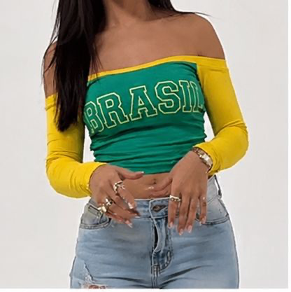 Cropped Brasil Ombro a Ombro Manga Longa Verde e Amarelo Copa 2026