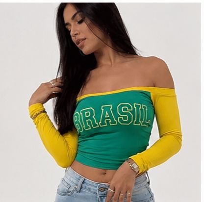 Cropped Brasil Ombro a Ombro Manga Longa Verde e Amarelo Copa 2026 - 3