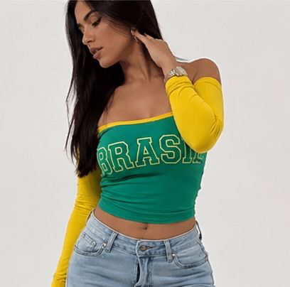 Cropped Brasil Ombro a Ombro Manga Longa Verde e Amarelo Copa 2026 - 4