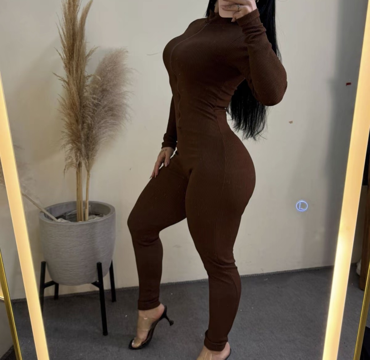 Macacão Feminino Canelado Manga Longa Zíper Frontal Gola Alta Modelagem Justa Body Jumpsuit - 2