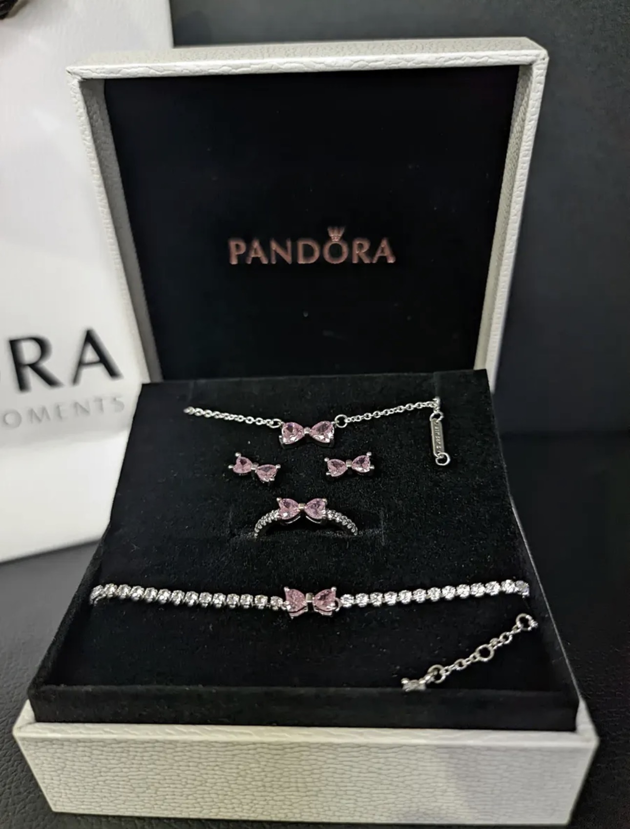 Kit Conjunto Pandora Laço Rosa Prata 925 - 2