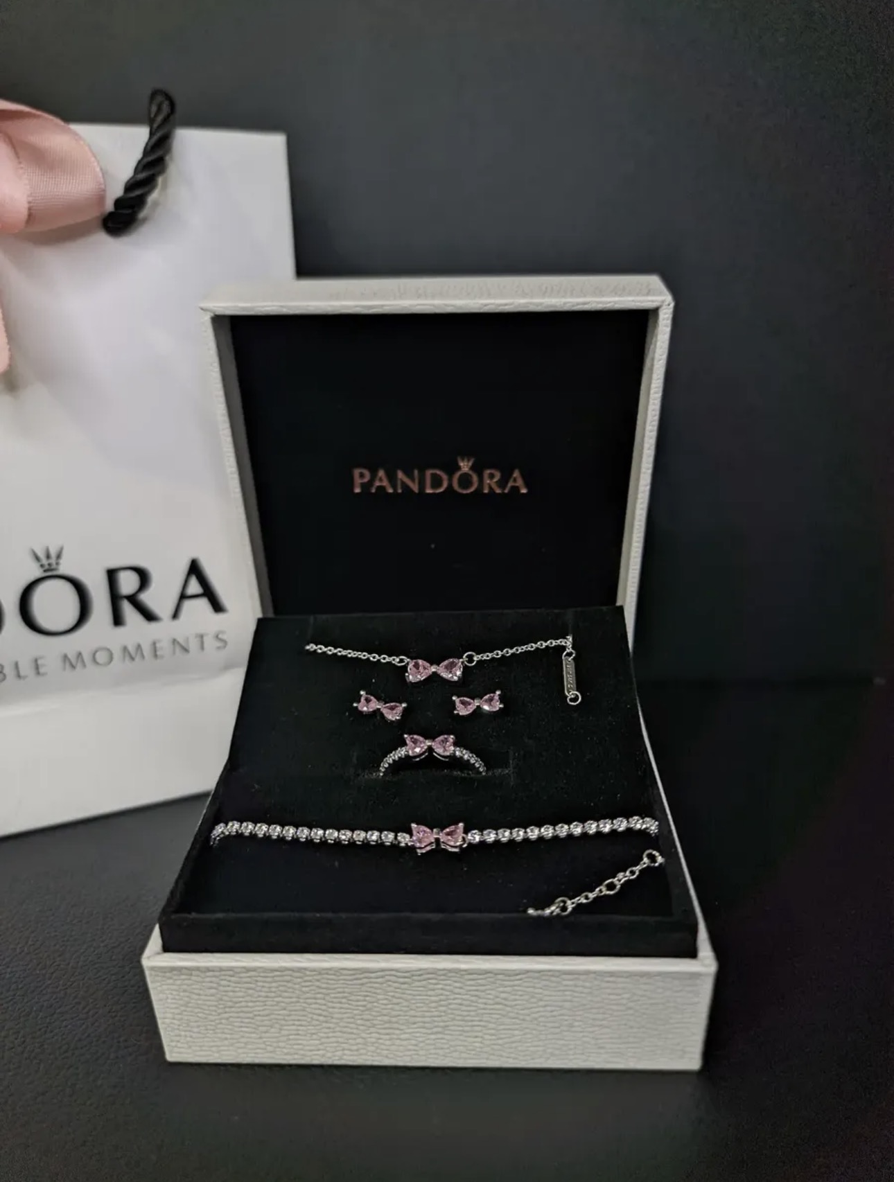 Kit Conjunto Pandora Laço Rosa Prata 925 - 3