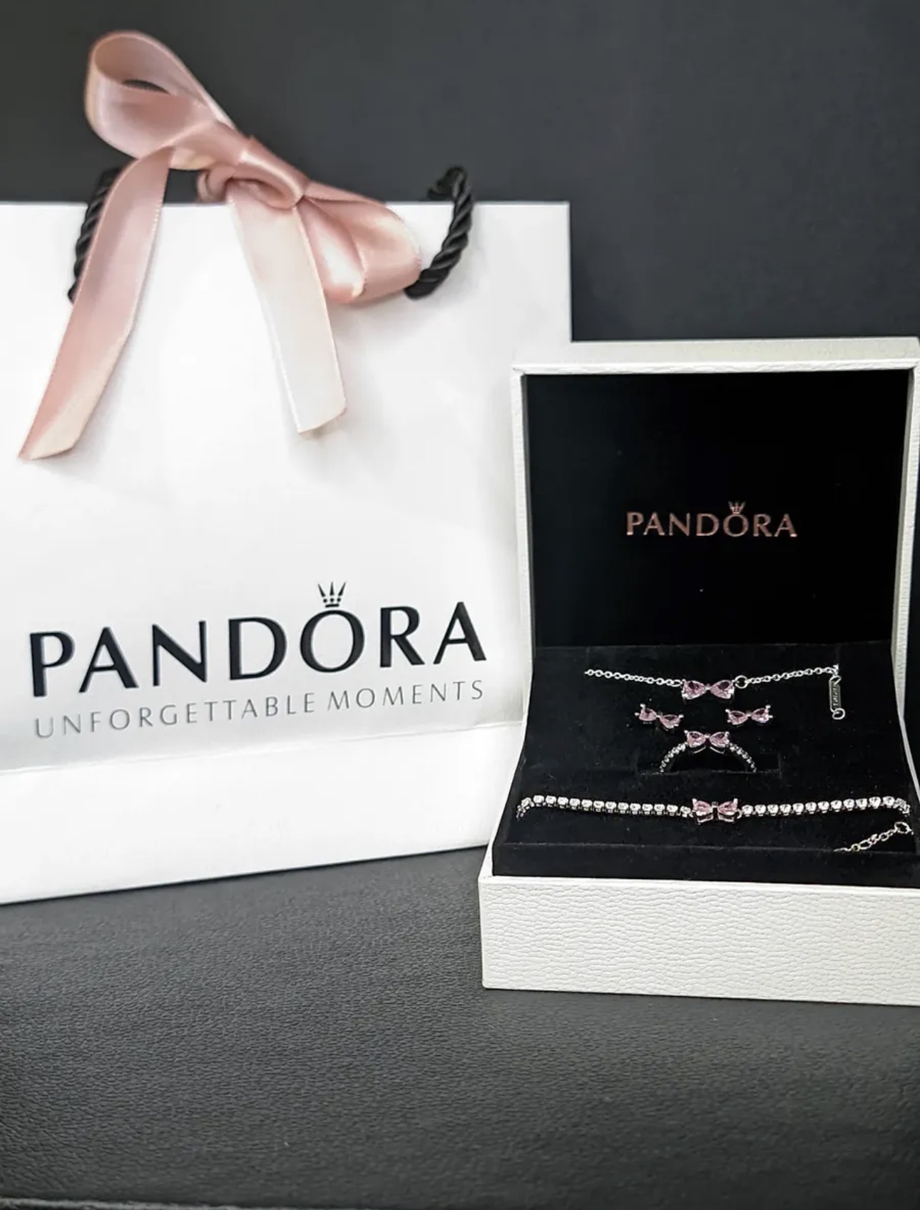 Kit Conjunto Pandora Laço Rosa Prata 925